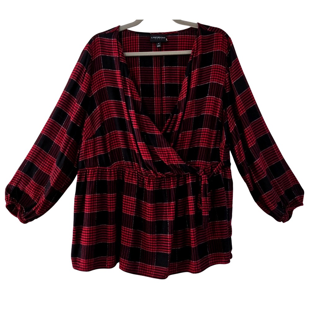 Lane Bryant Whimsygoth Red Black Plaid Metallic Wrap Peplum Top Blouse Size 16